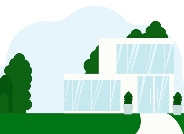 Vector vector illustration of a modern white house with large windows and glass door