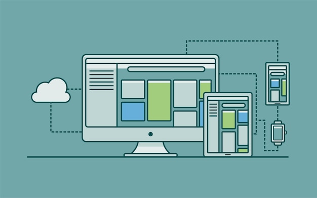 Vector illustration of monitor computer laptop mobile phone smart watches with cloud computing