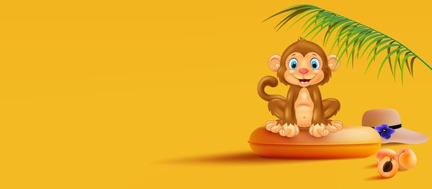 Vector illustration of a monkey sitting on an inflatable circle under a palm branch