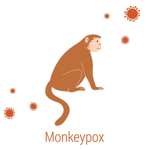 흰색 배경에 원숭이 수두 바이러스 질병 개념에 고립 된 평면 스타일에 원숭이와 바이러스 세포의 벡터 일러스트 레이 션