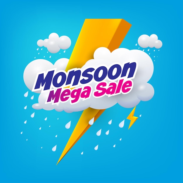 vector illustration of monsoon with thunder and raining clouds