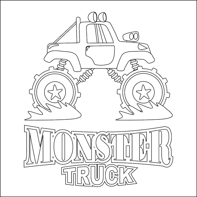 Illustrazione vettoriale di monster truck con stile cartone animato disegno infantile libro da colorare o pagina