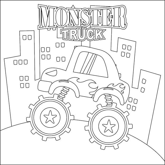 Vector illustration of monster truck with cartoon style Childish design colouring book or page