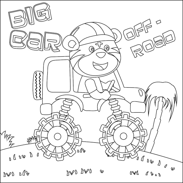 Vector illustration of monster truck with cute animal driver colouring book or page