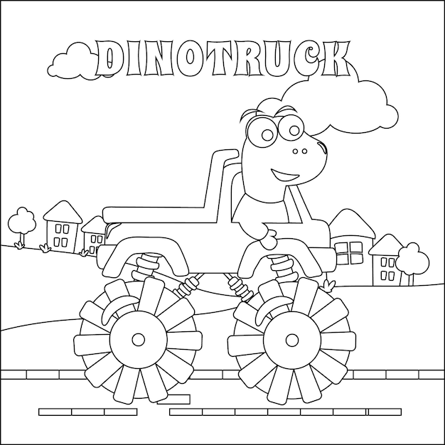 Векторная иллюстрация грузовика-монстра с симпатичным водителем-динозавром