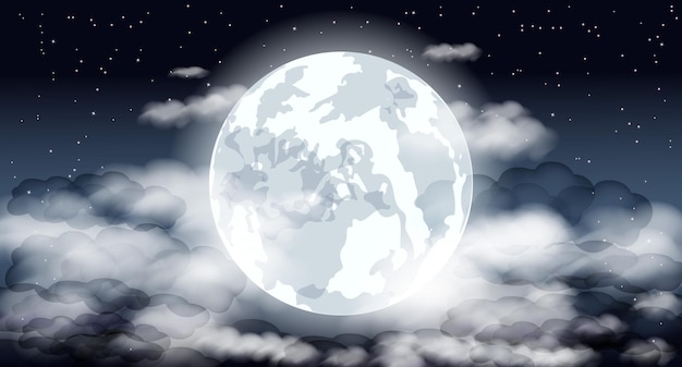 Vector illustration Moon in the clouds Starry sky