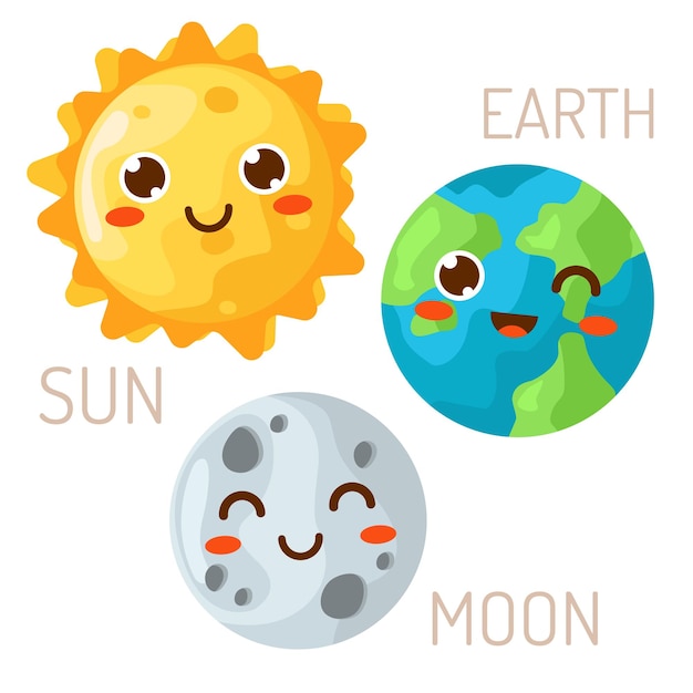 Illustrazione vettoriale della luna, del sole e del pianeta terra in stile kawaii per bambini
