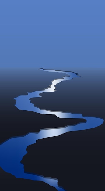 Vector illustration of a morning landscape with a river flowing through the plain