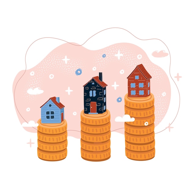 vector illustration of mortgage concept three house on stack of gold coins