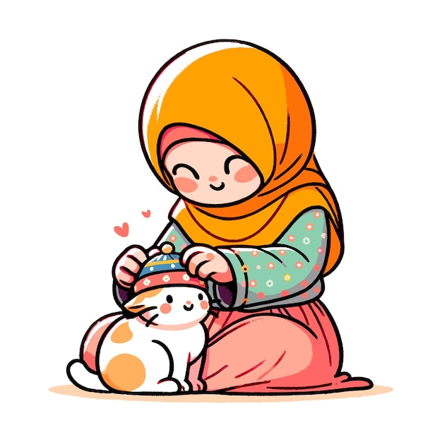 Vector vector illustration of a moslem girl playing with her cat a tiny hat