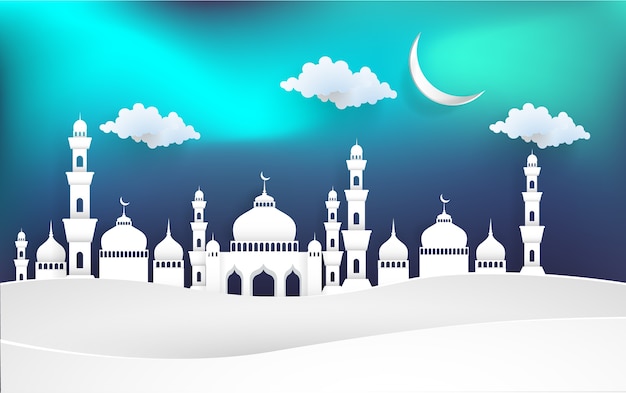 vector illustration mosque. there is a beautiful sky. paper art