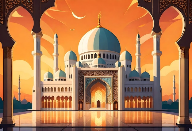 Vettore un'illustrazione vettoriale di una moschea con una moschea blu in cima e sullo sfondo dell'alba