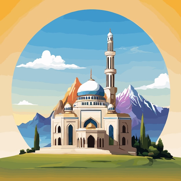 vector illustration of mosque with mountains background generative ai