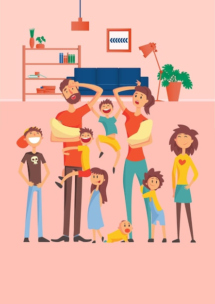 vector illustration of mother and father tired of taking care of many children at home