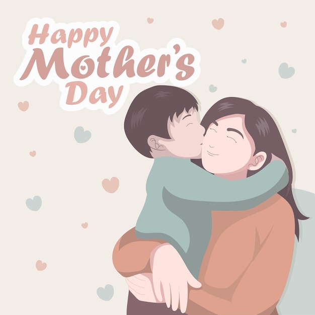 Vector Illustration of Mother Holding Son In Arms. Background happy Mothers Day. Greeting Card.