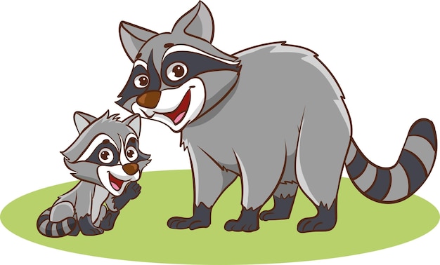 Vector illustration of mother raccoon and baby raccoon