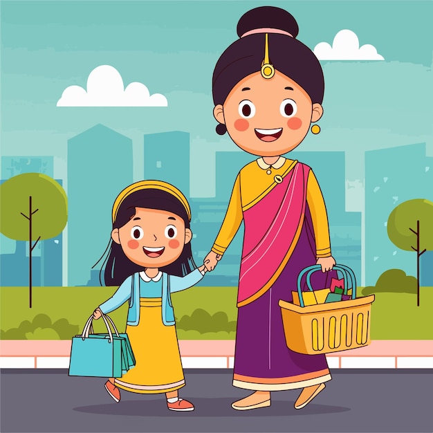 Vector vector illustration of mother shopping with her daughter