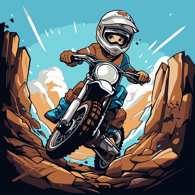 Vector vector illustration of a motorcyclist riding a motorcycle in the mountains