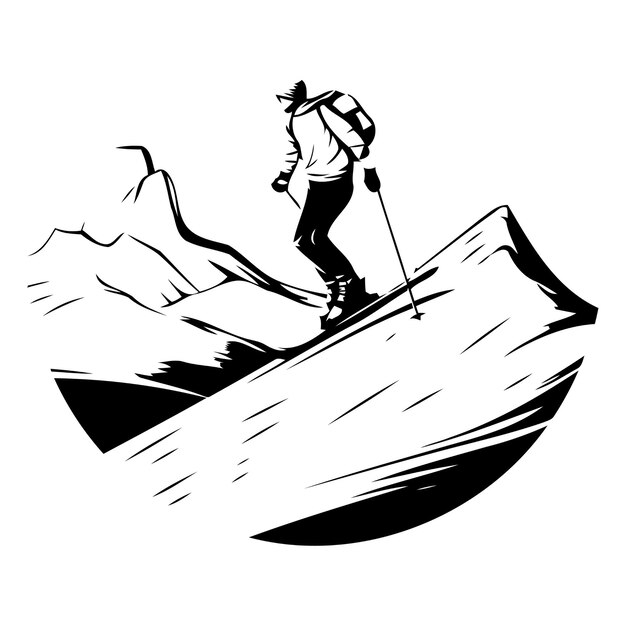 Illustrazione vettoriale di un alpinista su una vetta di montagna in stile piatto