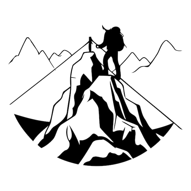 Vettore illustrazione vettoriale di un alpinista in cima a una montagna