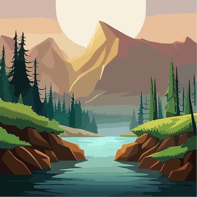 Vector illustration of mountain landscape forest mountain river and mountains in fog beautiful