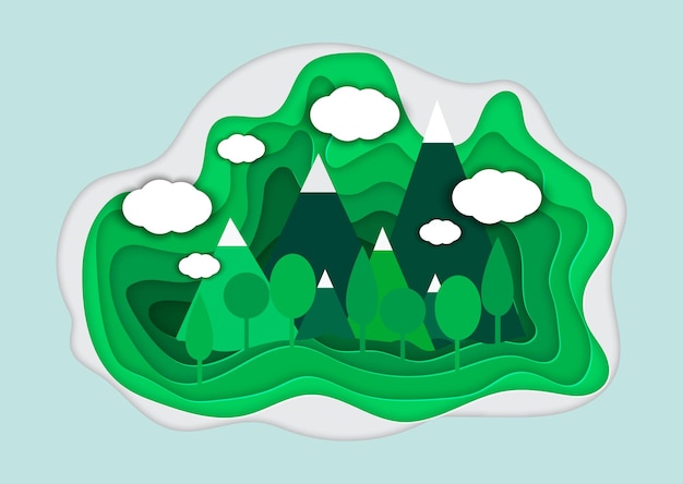Векторная иллюстрация горного пейзажа в стиле papercut