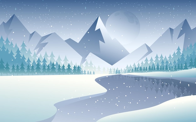 Vector vector illustration of mountain landscape in winter