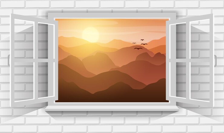 Vector vector illustration of mountain landscape with sunrise in morning through view of open window