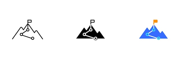 Векторная иллюстрация горной вершины с флагом на вершине, представляющим достижения и достижения Векторный набор иконок в черном и цветном стилях изолированы