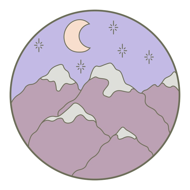 Vector illustration of mountains Hand drawn outline icon in circle frame