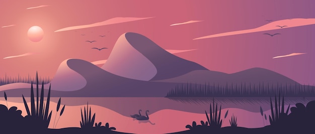 Vector vector illustration of mountains and lake landscape background natural background of swans forest sea and mountains use as background or wallpaper