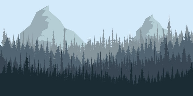 Vector illustration mountains mysterious landscape of forest mountaings in fog