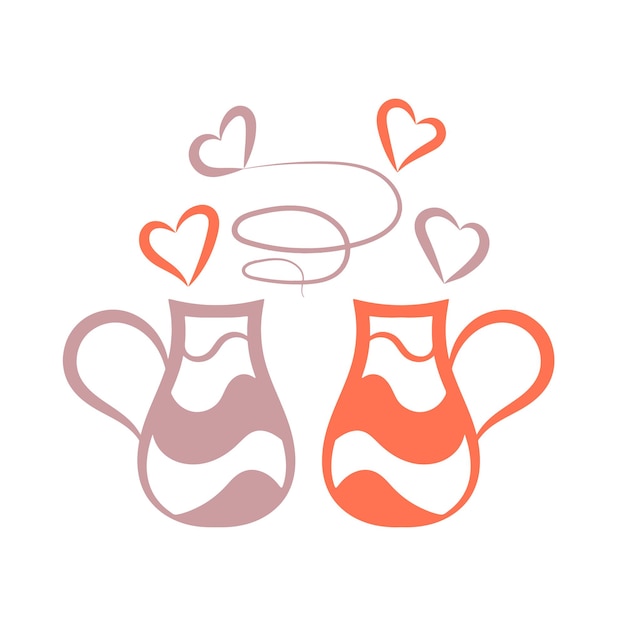 vector illustration of multicolored mugs and hearts on a transparent background