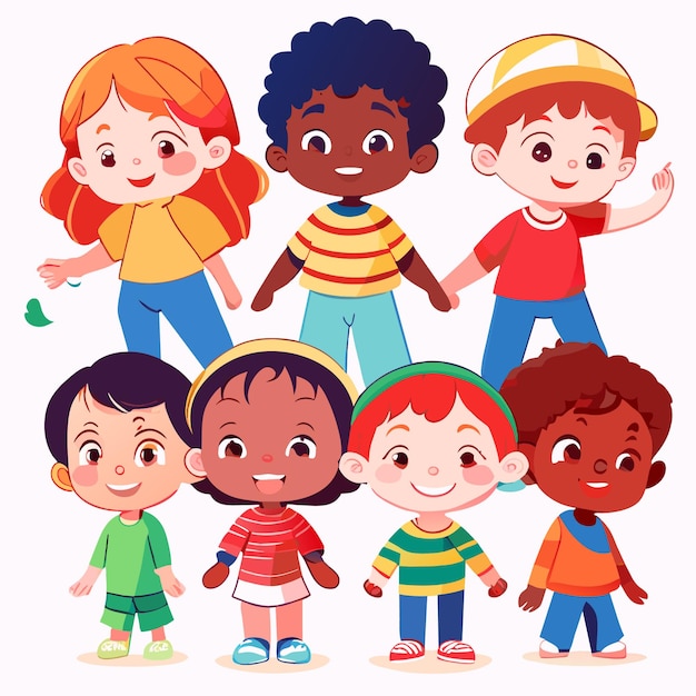 Vector Illustration Multicultural Group of Kids Flat Design