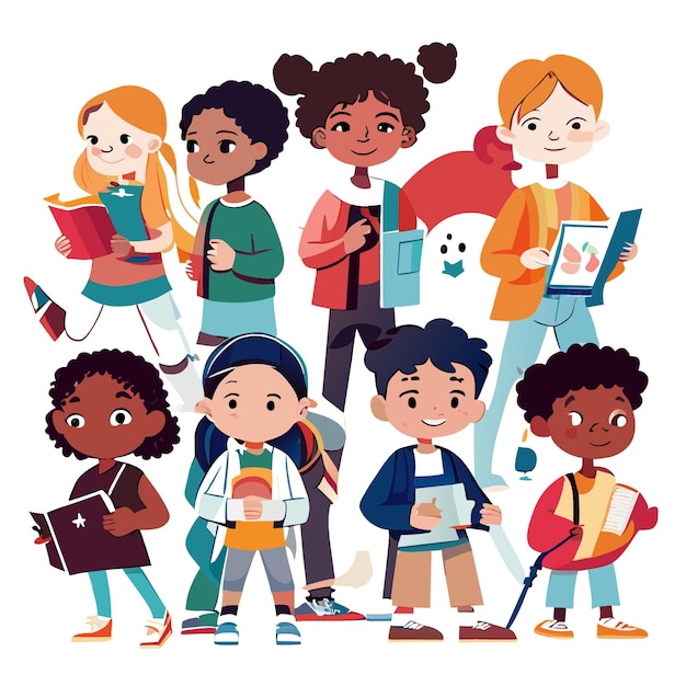 Vector Illustration Multicultural Group of Kids Flat Design