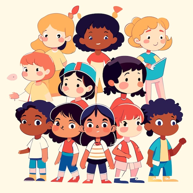 Vector vector illustration multicultural group of kids flat design