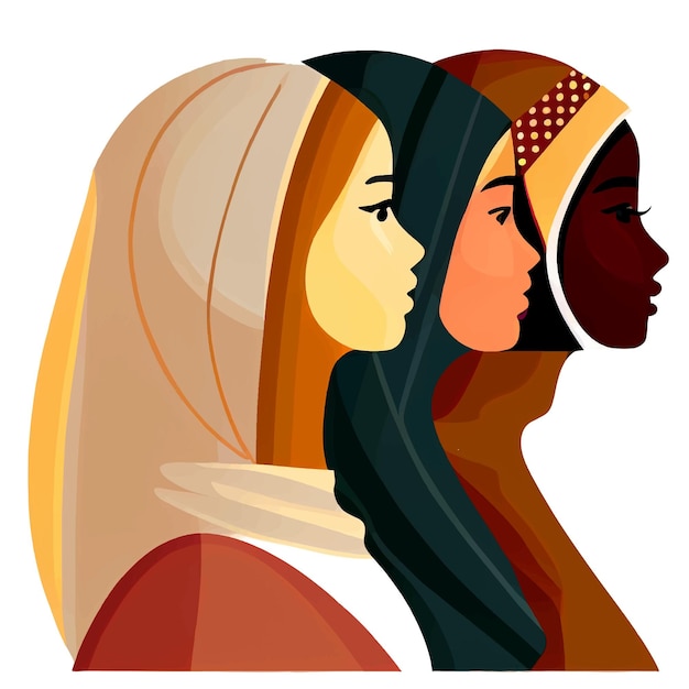 Vector illustration of multicultured women in hijab at white isolate