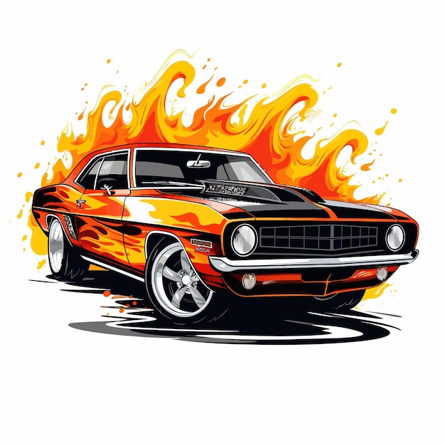 vector illustration muscle car with flames