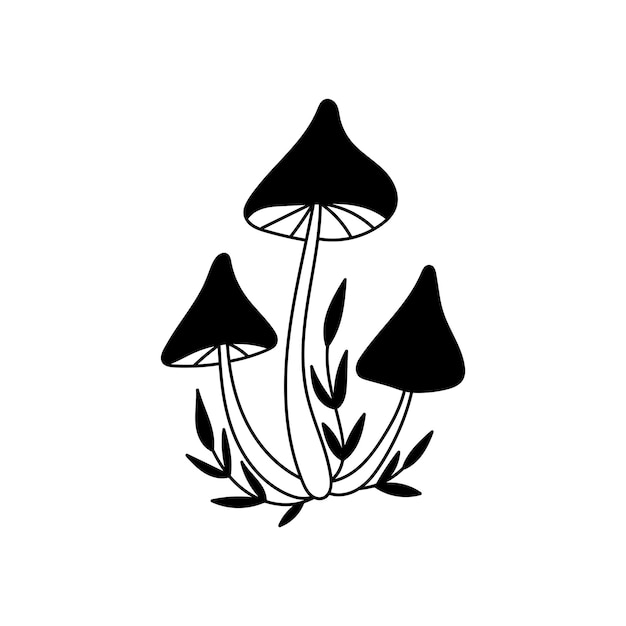 Vector illustration of mushrooms with twigs Black and white isolated clip art