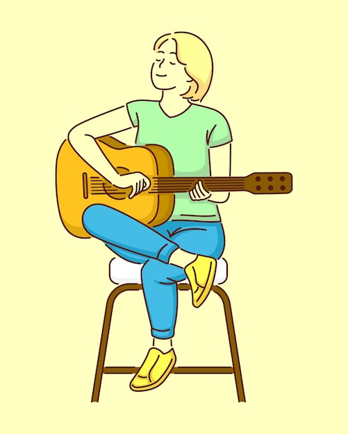 ギターを保持しているミュージシャンの女の子のベクトルイラスト漫画のスタイルで音楽を演奏する幸せな女の子