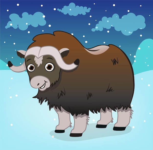 Vector vector illustration of musk ox animal in winter environment.