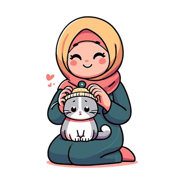 Vector Illustration of a Muslim Girl Putting Her Kitties a Tiny Hat