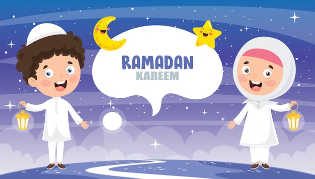 Vector Illustration Of Muslim Kids Celebrating Ramadan