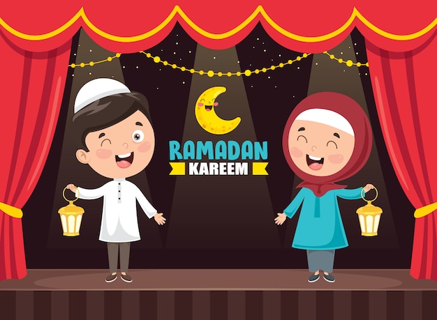 Vector Illustration Of Muslim Kids Celebrating Ramadan