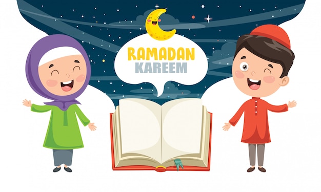 Vector illustration of muslim kids celebrating ramadan