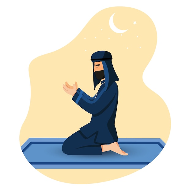 Vector illustration of Muslim man praying. Ramadan, Islamic theme and background.