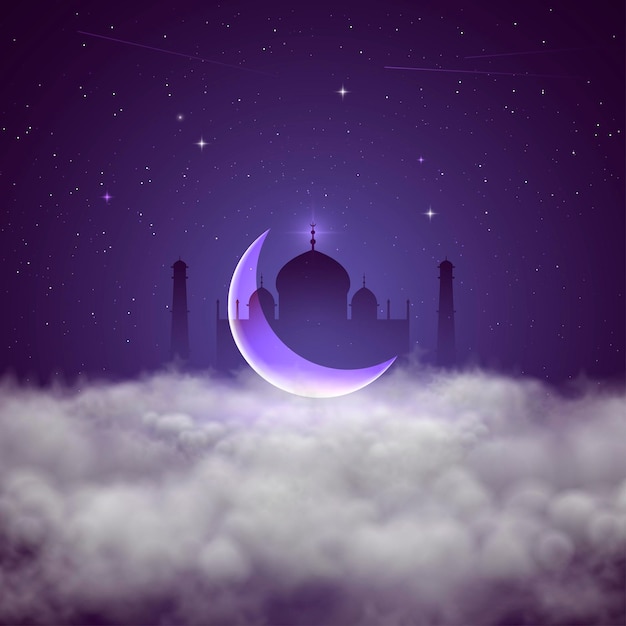 Vector illustration of muslim mosque on clouds with purple sky with stars