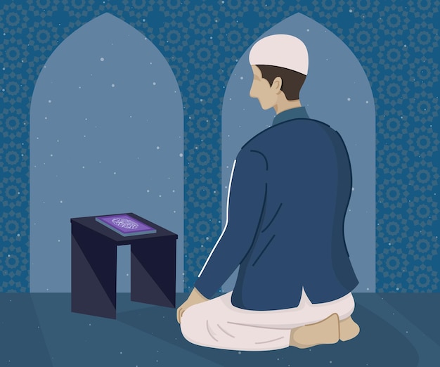 Vector vector illustration of muslim reading al quran in ramadan night