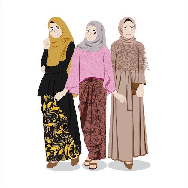 Vector vector illustration of muslim wear kebaya and batik for bridesmaids