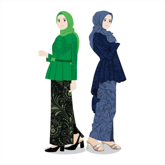 Vector vector illustration of muslim wear kebaya and batik for bridesmaids